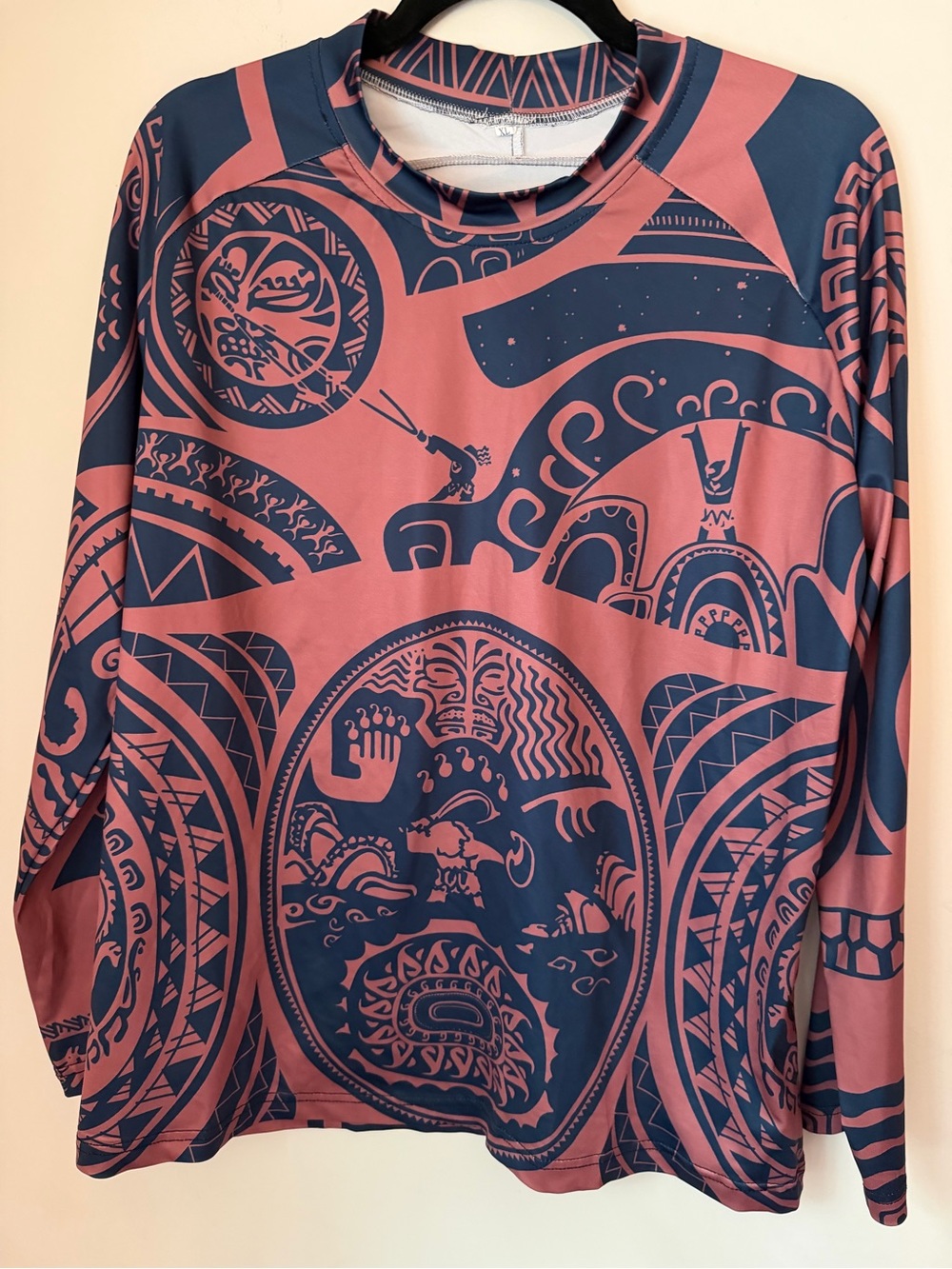 Moana Inspired Performance Shirt XL Coral Navy Tribal Print Long Sleeve Unisex